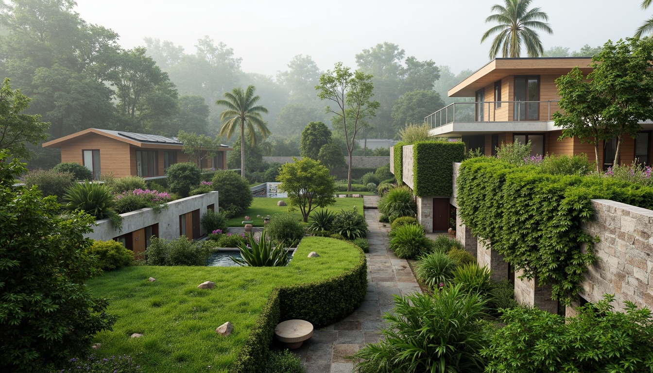 Prompt: Vibrant green roofs, lush vegetation walls, natural stone facades, earthy tones, wooden accents, living walls, bio-inspired architecture, modern sustainable design, eco-friendly materials, renewable energy systems, solar panels, greenhouses, tropical plants, misty atmosphere, soft diffused lighting, 3/4 composition, shallow depth of field, realistic textures.