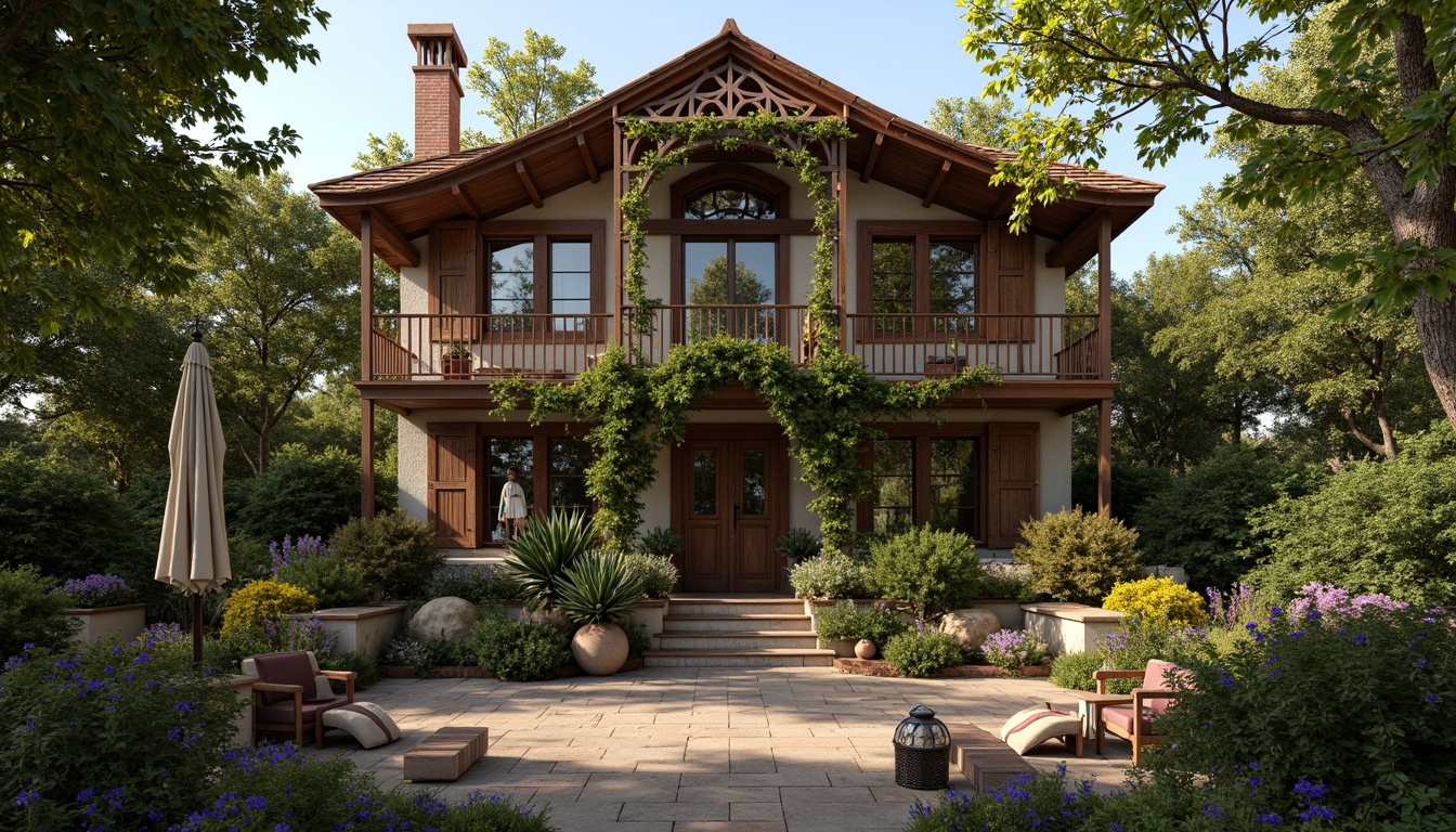 Prompt: Rustic rural cottage, ornate Art Nouveau details, curvilinear lines, flowing organic forms, sinuous vines, blooming flowers, intricate ironwork, ornamental tiles, stained glass windows, wooden shutters, earthy color palette, natural stone foundation, overhanging eaves, asymmetrical fa\u00e7ade, whimsical architectural ornaments, soft warm lighting, shallow depth of field, 1/1 composition, intimate atmosphere, realistic textures, ambient occlusion.