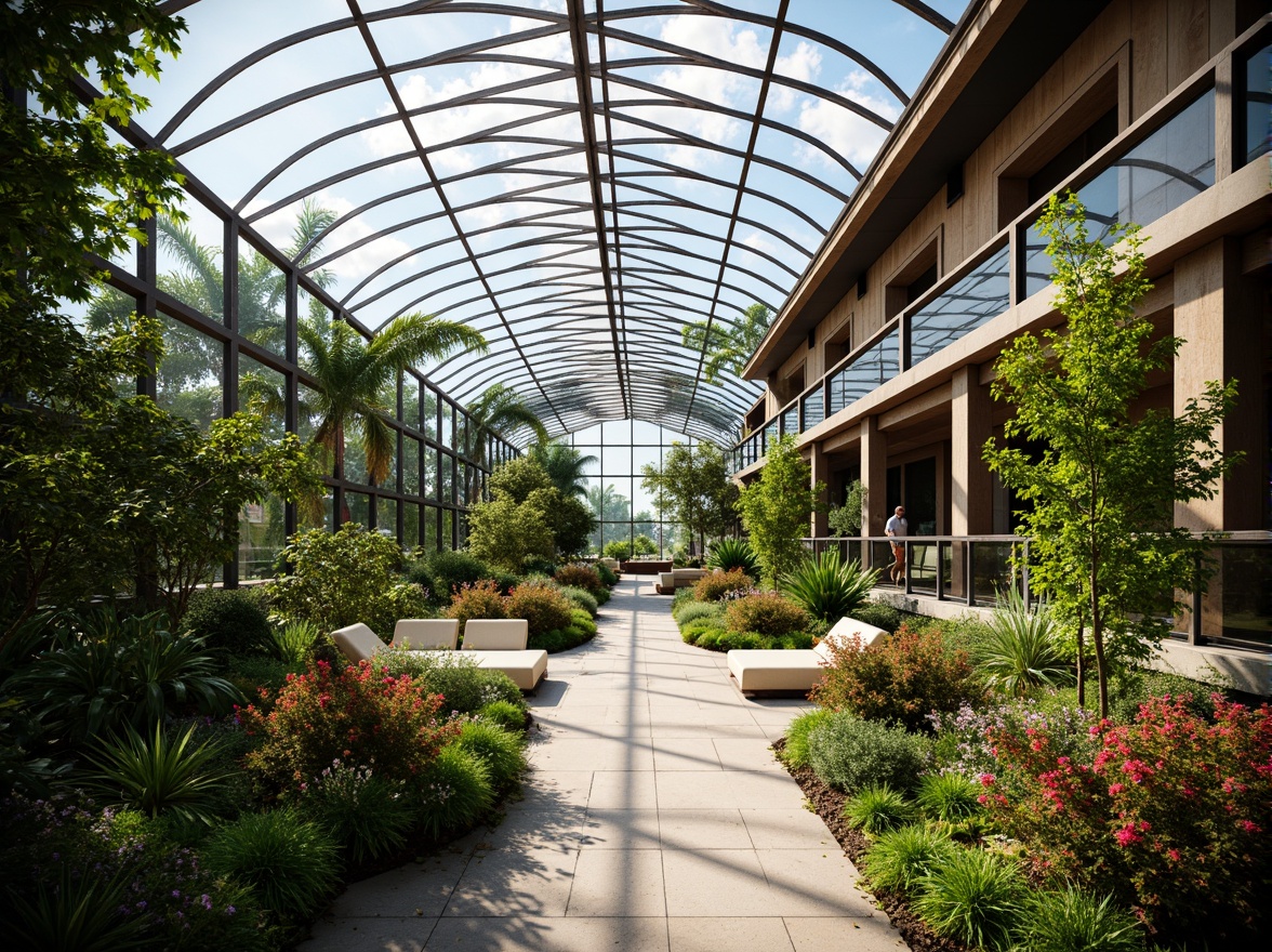 Prompt: Lush tropical plants, exotic flowers, natural ventilation, steel framework, glass facades, curved lines, minimalist design, industrial materials, rustic wooden accents, earthy color palette, abundant natural light, soft warm ambiance, shallow depth of field, 1/1 composition, panoramic view, realistic reflections, ambient occlusion.