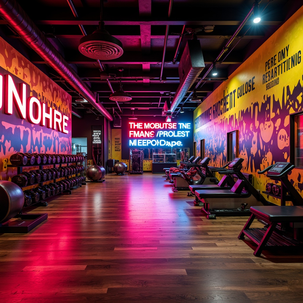 Prompt: Vibrant fitness studio, energetic atmosphere, bold color scheme, bright neon lights, motivational quotes, sleek modern equipment, polished wood floors, industrial metal accents, dynamic abstract patterns, high-contrast colors, intense reds, deep blues, electric yellows, invigorating oranges, stimulating greens, low-key shadows, dramatic spotlights, 3/4 composition, shallow depth of field, realistic textures.