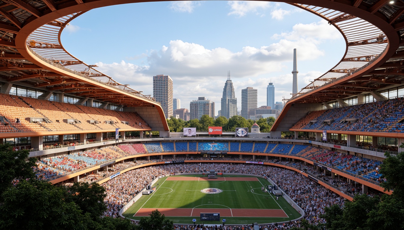 Prompt: Sleek stadium architecture, fusion design, dynamic curves, steel structures, vibrant color schemes, retractable roofs, athletic tracks, football fields, soccer pitches, basketball courts, tennis courts, swimming pools, spectator seating, VIP lounges, concession stands, modern LED lighting, natural ventilation systems, cantilevered balconies, open-air concourses, urban cityscapes, bustling crowds, lively atmosphere, warm golden lighting, shallow depth of field, 1/2 composition, realistic textures, ambient occlusion.