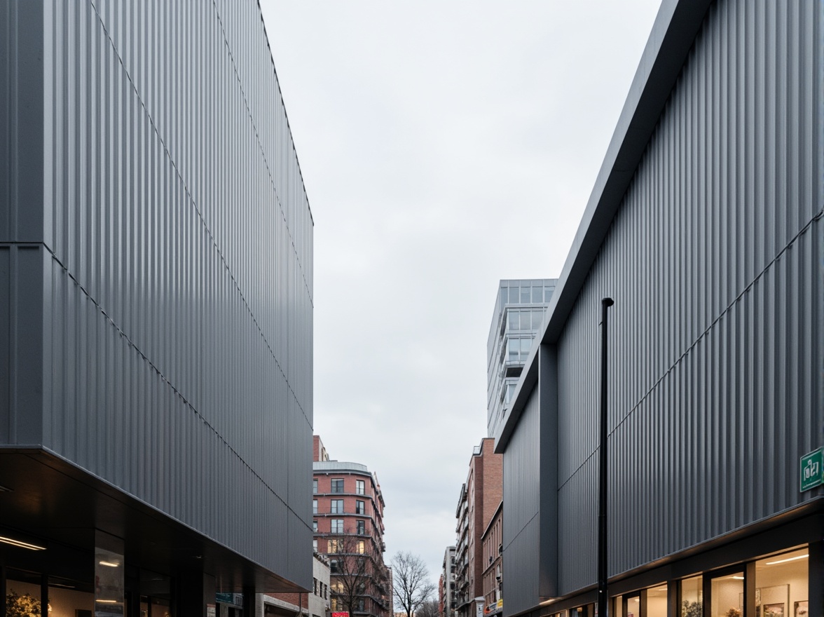 Prompt: Modern industrial architecture, aluminum alloy structures, sleek metal fa\u00e7ades, anodized finishes, minimalist design, functional simplicity, urban cityscape, overcast sky, soft diffused lighting, shallow depth of field, 2/3 composition, realistic metallic textures, ambient occlusion.