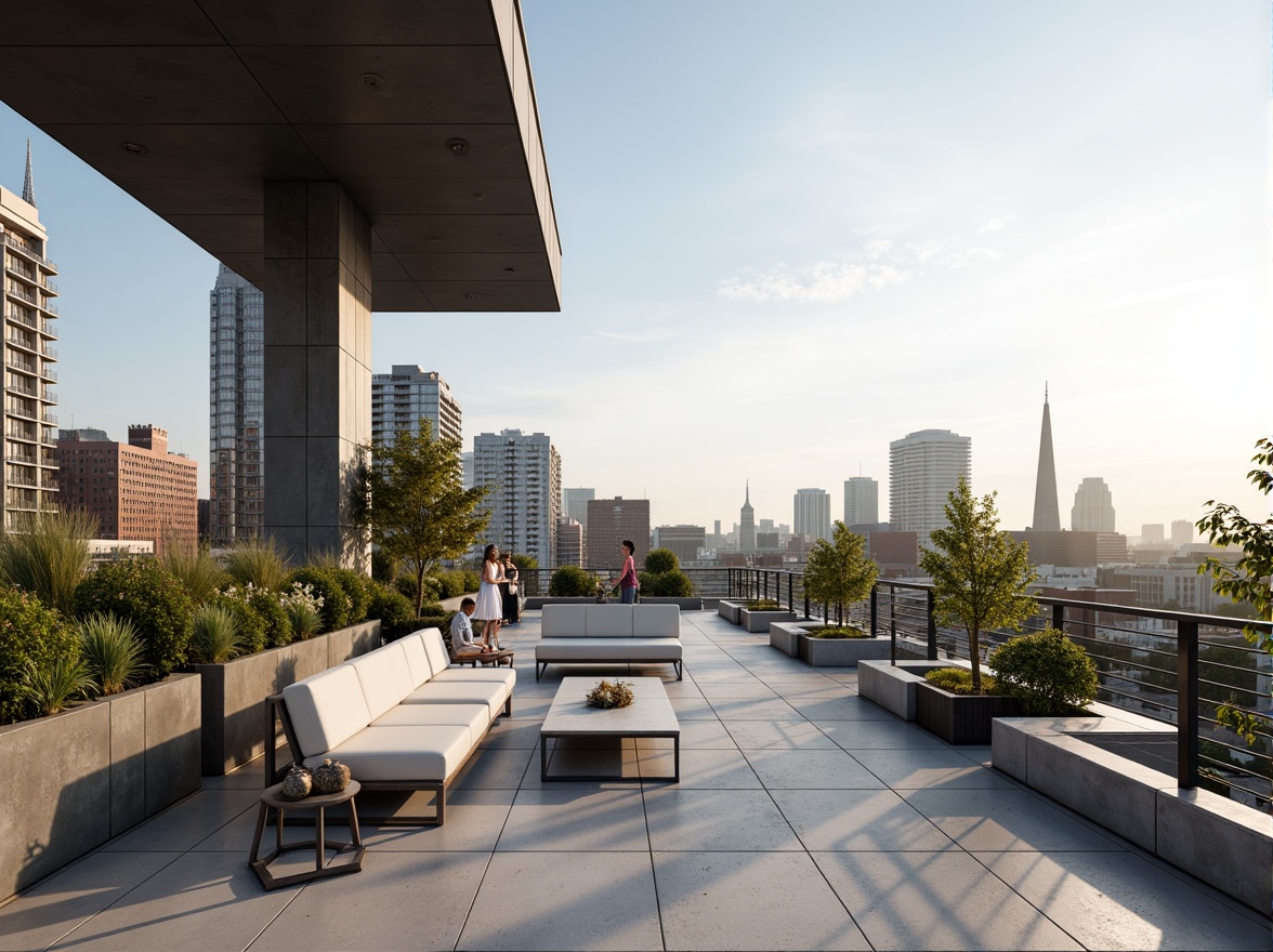 Prompt: Urban rooftop, minimalist decor, industrial chic, steel railings, concrete flooring, sleek metal furniture, geometric planters, modernist architecture, functional design, cantilevered structures, expansive city views, sunny afternoon, soft warm lighting, shallow depth of field, 3/4 composition, panoramic view, realistic textures, ambient occlusion.