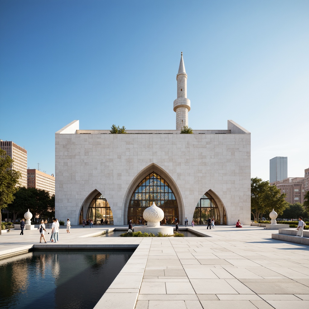 Prompt: Minimalist mosque, geometric patterns, Islamic calligraphy, gleaming white marble, sleek metal accents, cantilevered roofs, vertical fins, open prayer halls, natural light filtering, stained glass windows, abstract sculptures, modern minarets, urban cityscape, clear blue sky, warm sunlight, shallow depth of field, 3/4 composition, panoramic view, realistic textures, ambient occlusion.