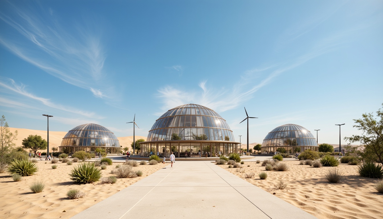 Prompt: Desert greenhouse, futuristic architecture, vast open space, transparent glass roofs, misting systems, evaporative cooling technologies, innovative ventilation solutions, climate control systems, precise temperature regulation, humidity management, air purification systems, filtered fresh air intake, hot sunny day, clear blue sky, surrounding sand dunes, cactus plants, xeriscape landscaping, water conservation systems, eco-friendly materials, sustainable energy solutions, solar panels, wind turbines.