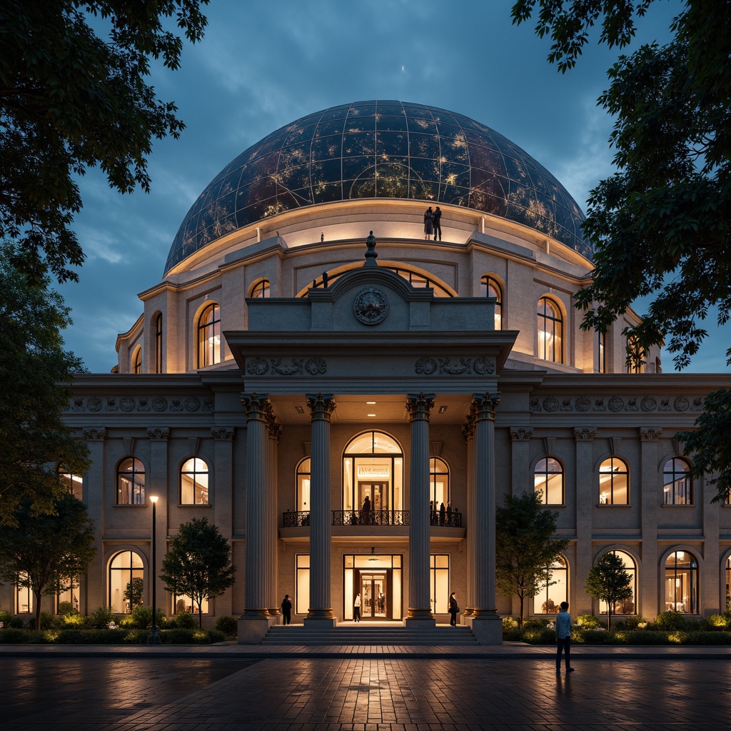 Prompt: Grandiose planetarium, neoclassical facade, ornate details, celestial patterns, majestic columns, sweeping arches, intricately carved stonework, gleaming copper accents, subtle lighting effects, starry night sky, soft misty atmosphere, shallow depth of field, 1/2 composition, realistic textures, ambient occlusion.