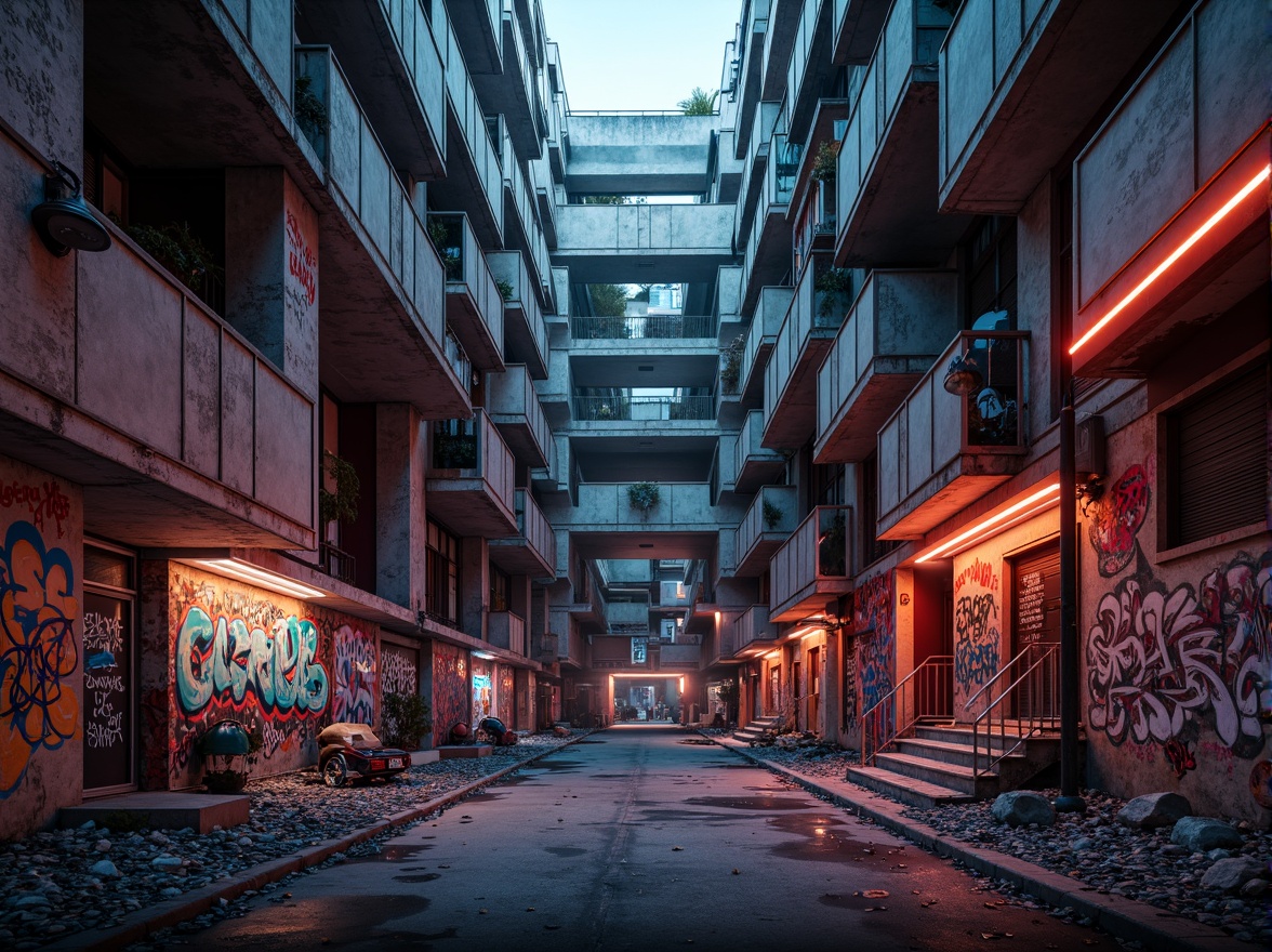 Prompt: Deconstructed urban landscape, brutalist architecture, distressed concrete walls, fragmented steel beams, dissonant color palette, clashing bold hues, neon lights, abstract graffiti, industrial textures, weathered metal surfaces, neglected alleys, dystopian atmosphere, high-contrast lighting, cinematic composition, 1/1 aspect ratio, gritty realistic render.