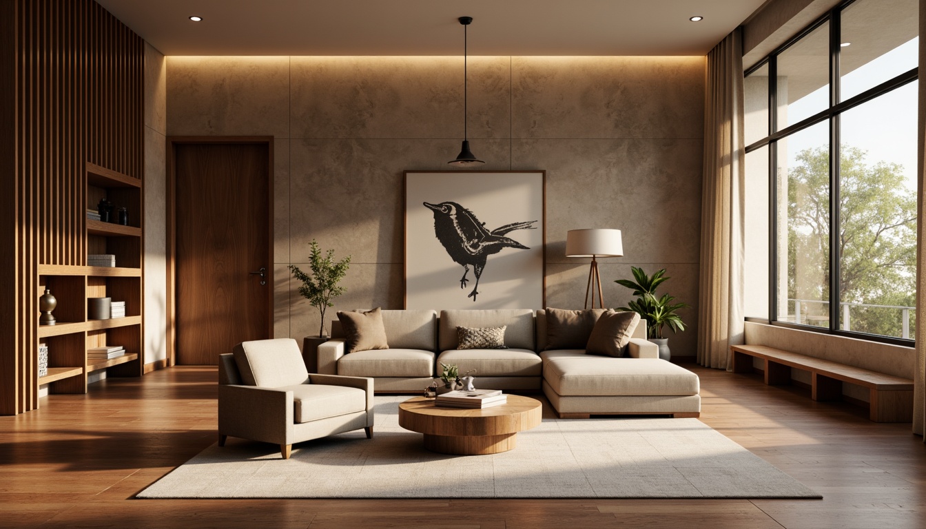 Prompt: Warm earthy tones, rich wood accents, comfortable furnishings, modern minimalist decor, calming neutral backgrounds, subtle academic insignia, elegant typography, soft warm lighting, natural stone textures, refined metallic details, sophisticated color blocking, 2/3 composition, shallow depth of field, realistic rendering, ambient occlusion.