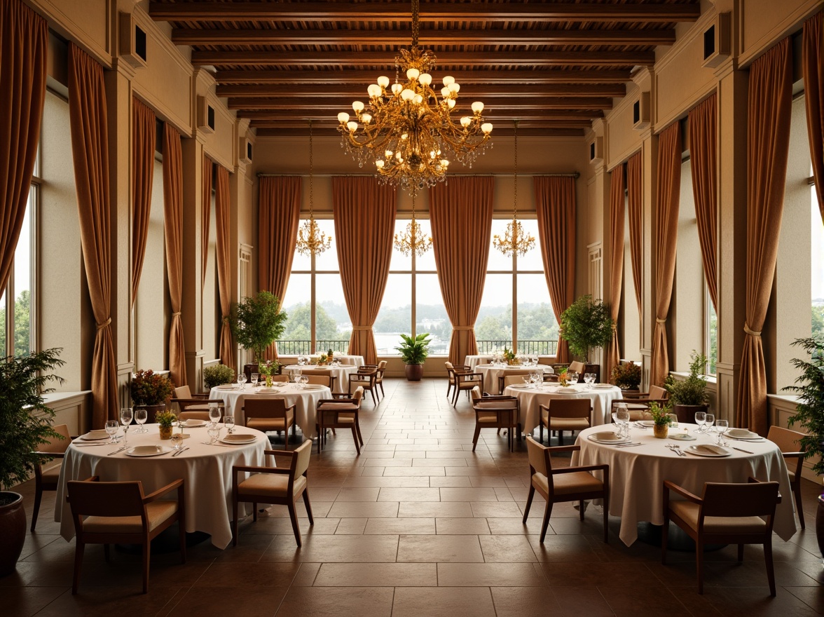 Prompt: Elegant dining hall, refined wooden furniture, warm beige walls, rich velvet drapes, luxurious chandeliers, soft golden lighting, intimate atmosphere, formal table settings, crisp white linens, fine china patterns, subtle cream accents, sophisticated earth tones, muted greenery, natural stone flooring, expansive windows, panoramic views, harmonious color balance, 1/1 composition, shallow depth of field, realistic textures.