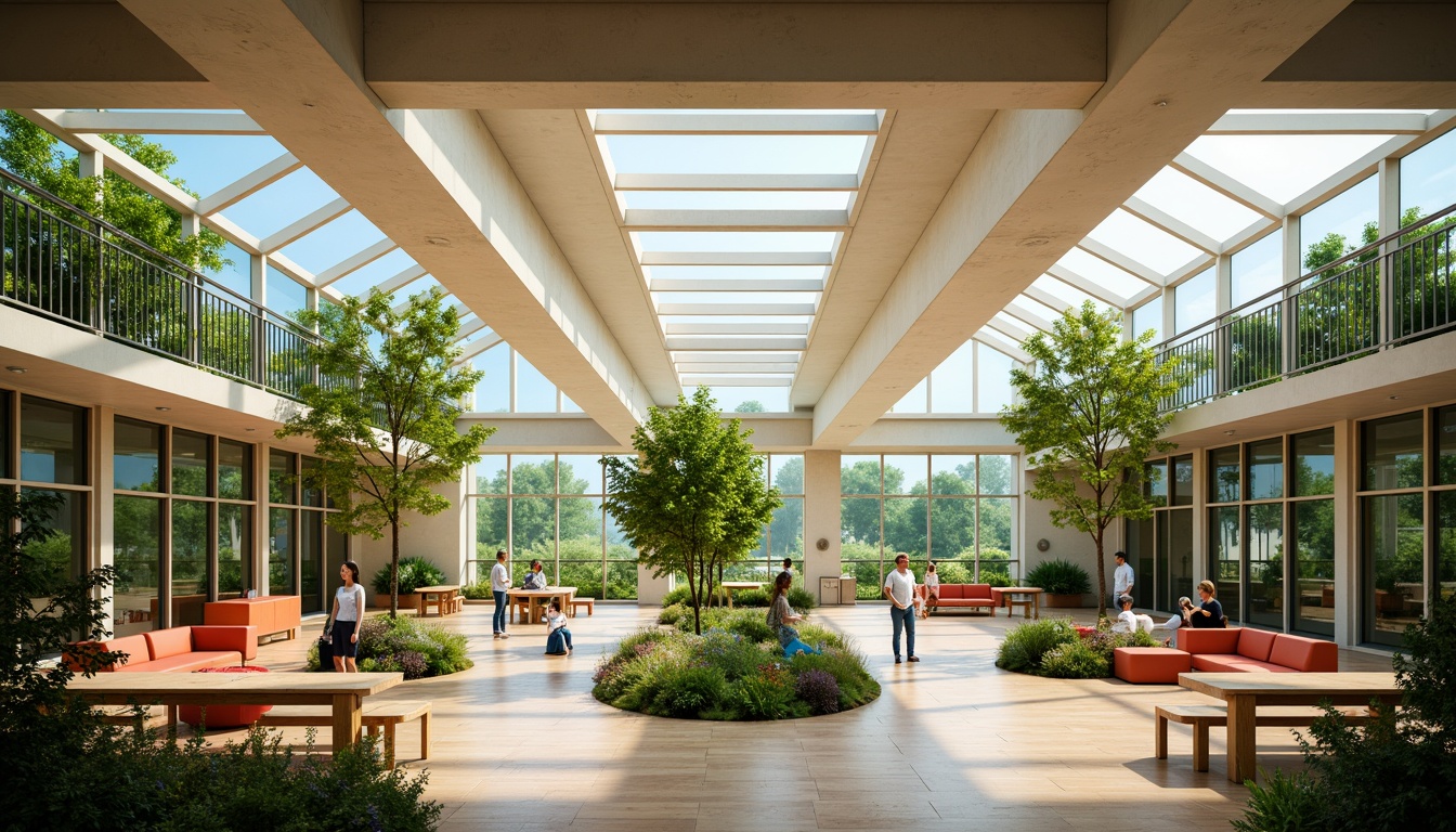 Prompt: Vibrant school interior, abundant natural light, clerestory windows, skylights, transparent roofs, green walls, living plants, wooden flooring, minimal obstructions, open classrooms, collaborative learning spaces, soft warm lighting, shallow depth of field, 3/4 composition, panoramic view, realistic textures, ambient occlusion.