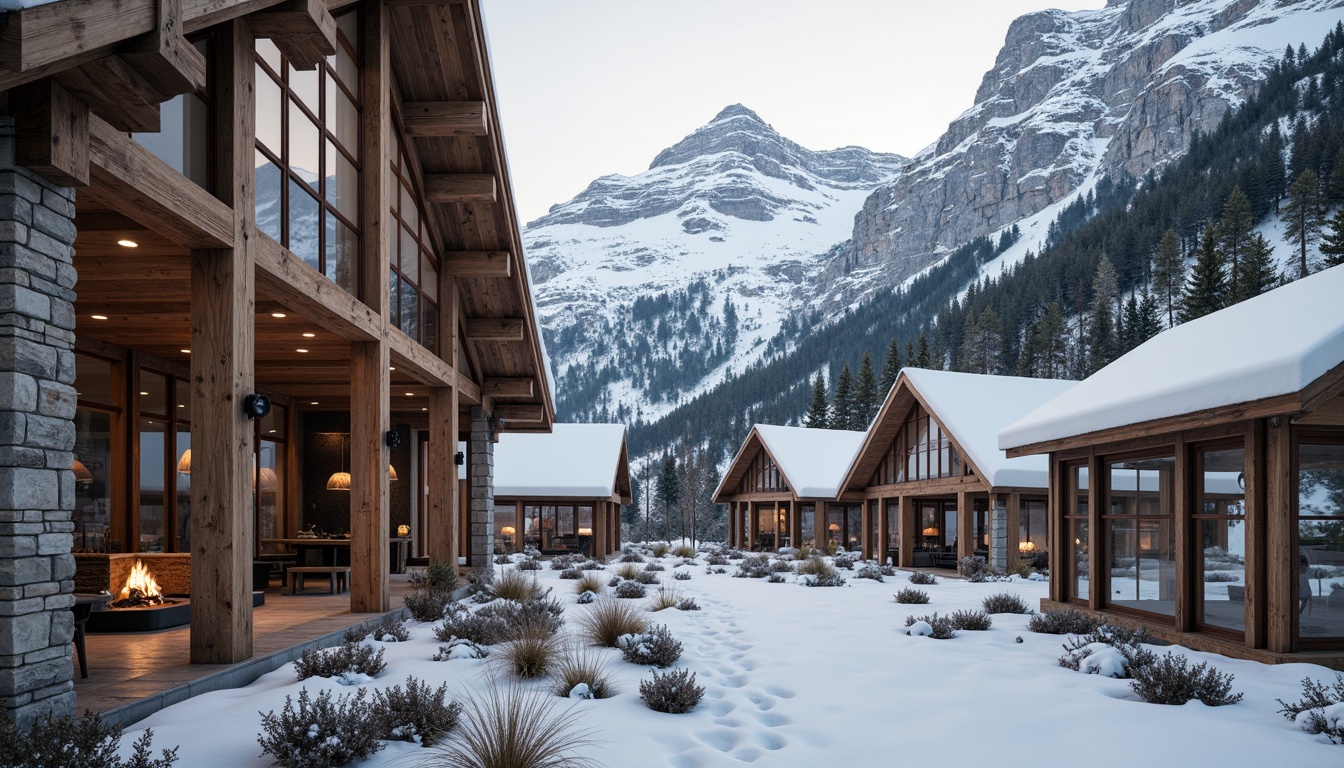 Prompt: Snow-capped mountains, rugged terrain, rustic wooden cabins, steeply pitched roofs, large windows, sliding glass doors, clerestory windows, open floor plans, minimal obstructions, reflective interior surfaces, earthy color palette, natural stone walls, reclaimed wood accents, cozy fireplaces, warm ambient lighting, soft shadows, misty mornings, atmospheric perspective, 1/2 composition, gentle bokeh, realistic textures.