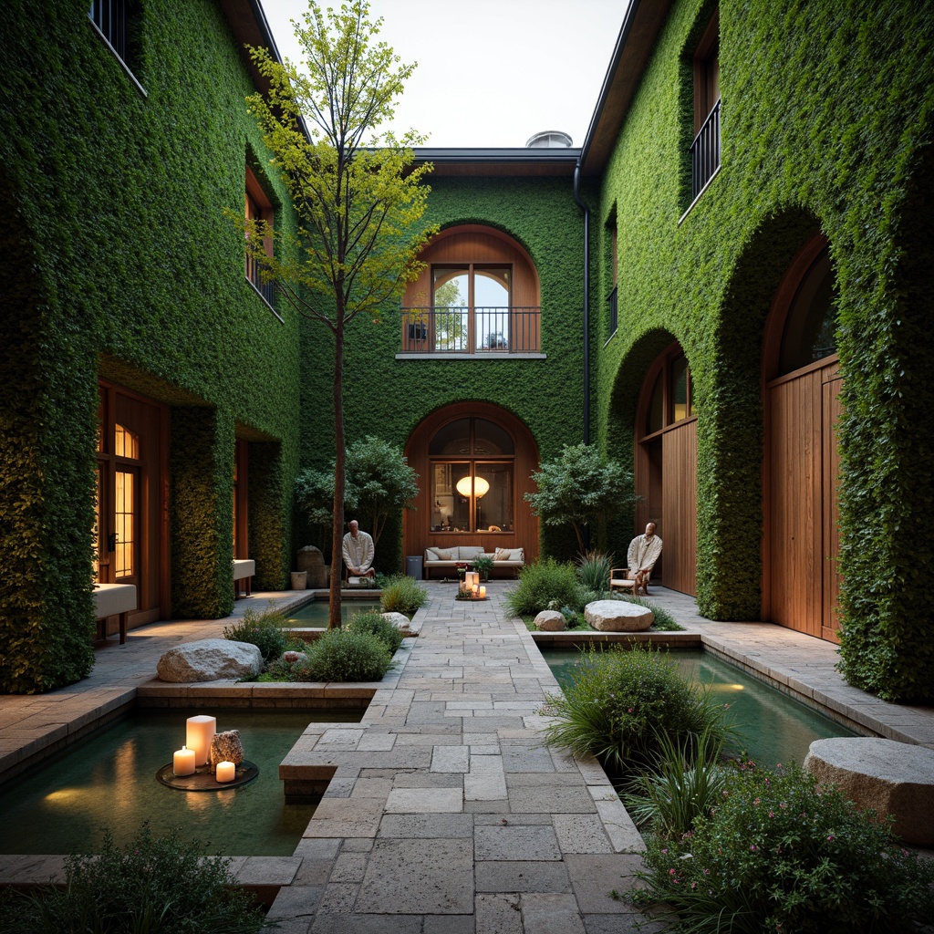 Prompt: Serenity-filled monastery courtyard, lush green walls, natural stone pathways, wooden accents, organic curves, earthy tones, botanical gardens, peaceful water features, rustic wooden doors, lantern-inspired lighting, warm candlelight, soft misty atmosphere, shallow depth of field, 1/1 composition, intimate view, realistic textures, ambient occlusion, nature-inspired sculptures, calming soundscapes.