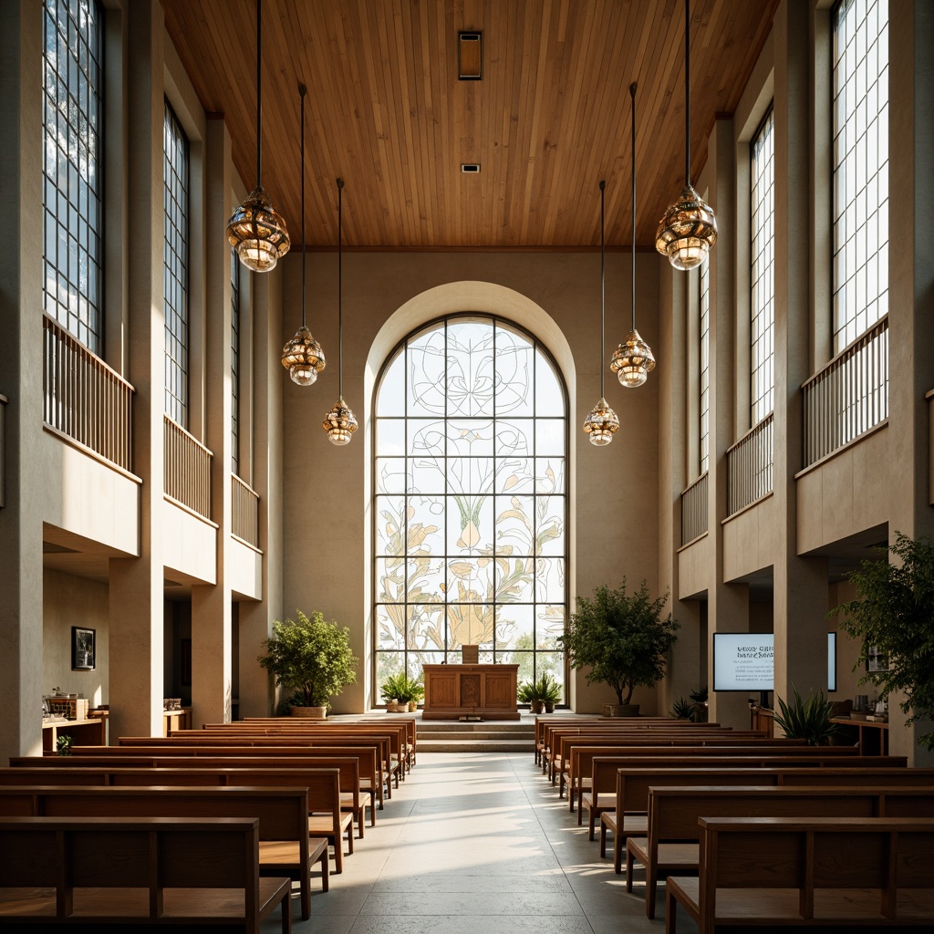 Prompt: Contemporary church interior, minimalist altar design, sleek wooden pews, stained glass windows, natural light pouring in, vaulted ceilings, ornate chandeliers, abstract geometric patterns, calming color scheme, ambient soft lighting, subtle shadows, 1/2 composition, symmetrical framing, warm neutral tones, tactile stone flooring, lush greenery, open spaces for meditation, circular seating areas, communal gathering spots, modern audio-visual equipment, projection screens, innovative acoustics, sacred symbols, abstract spiritual art.