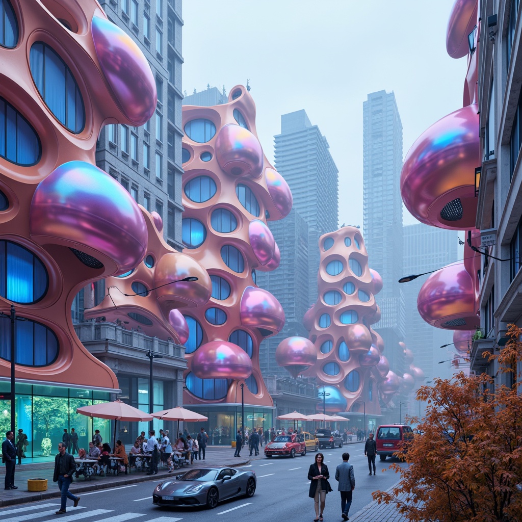 Prompt: Vibrant blob-like structures, iridescent hues, shimmering metallic surfaces, neon-lit accents, electric blue glass fa\u00e7ades, pastel-colored rooftops, glossy white domes, translucent canopies, rainbow-inspired gradients, futuristic cityscapes, low-poly 3D models, atmospheric mist effects, soft focus photography, cinematic lighting, 2.5D composition, stylized reflections, high-contrast textures, ambient Occlusion.