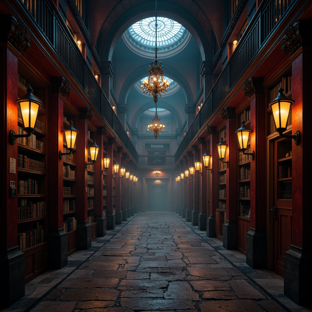 Prompt: Dark mysterious aisles, rich wooden accents, ornate metalwork, grand chandeliers, vaulted ceilings, eerie lanterns, crimson red walls, midnight blue shelves, golden yellow lighting, warm candlelight, misty fog effects, aged stone floors, distressed textures, mysterious ambient sounds, 1-point perspective composition, cinematic atmosphere, dramatic shadows, high contrast ratios.