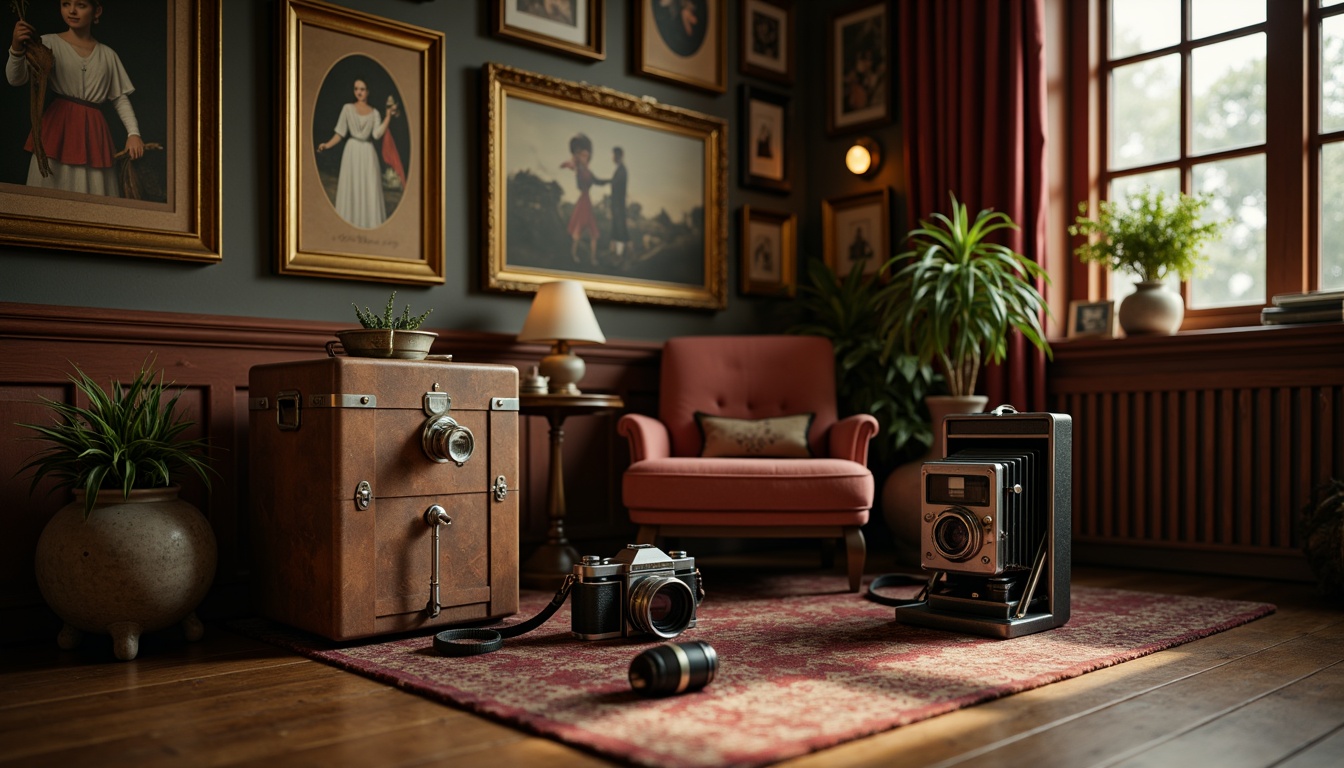 Prompt: Vintage film cameras, worn leather cases, antique lenses, distressed wood flooring, ornate picture frames, faded velvet curtains, richly textured fabrics, eclectic props, nostalgic lighting fixtures, warm golden hues, soft focus, shallow depth of field, cinematic composition, 2.35