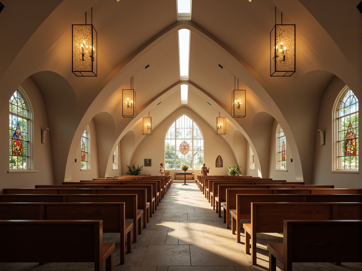 Prompt: Minimalist chapel, vaulted ceilings, stained glass windows, ornate chandeliers, subtle warm lighting, soft box lights, dramatic beam lights, atmospheric ambiance, reverent silence, international style architecture, clean lines, minimal ornamentation, functional simplicity, sacred spaces, natural materials, stone floors, wooden pews, elegant arches, clerestory windows, diffused daylight, warm color tones, 1/2 composition, shallow depth of field, realistic textures, ambient occlusion.