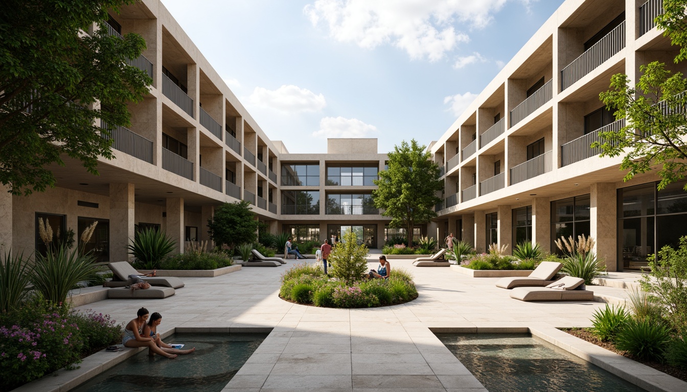 Prompt: Minimalist library plaza, modern angular lines, sleek stone surfaces, lush greenery, vibrant flowering plants, tranquil water features, natural stone walkways, geometric-patterned flooring, cantilevered rooflines, floor-to-ceiling glass walls, abundant natural light, soft warm lighting, shallow depth of field, 3/4 composition, panoramic view, realistic textures, ambient occlusion.