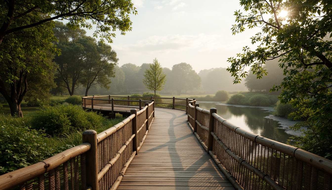 Prompt: Rustic wooden bridge, natural stone foundations, woven bamboo railings, verdant greenery, serene riverbank, misty morning atmosphere, soft warm lighting, shallow depth of field, 3/4 composition, panoramic view, realistic textures, ambient occlusion, organic curves, earthy tones, sustainable building practices, recycled wood planks, low-maintenance design, harmony with surroundings, tranquil ambiance, gentle water flow, lush vegetation.