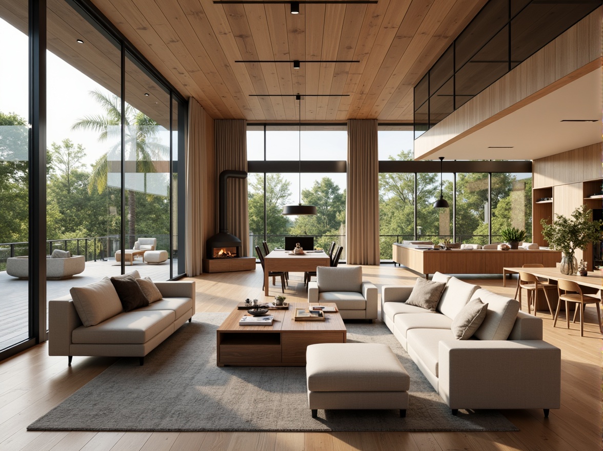 Prompt: Cozy living room, modern minimalist furniture, spacious floor plan, natural wood accents, large windows, soft warm lighting, 3/4 composition, panoramic view, realistic textures, ambient occlusion, functional storage solutions, ergonomic seating arrangements, task-oriented workstations, efficient traffic flow, comfortable reading nooks, calming color palette, harmonious spatial balance.