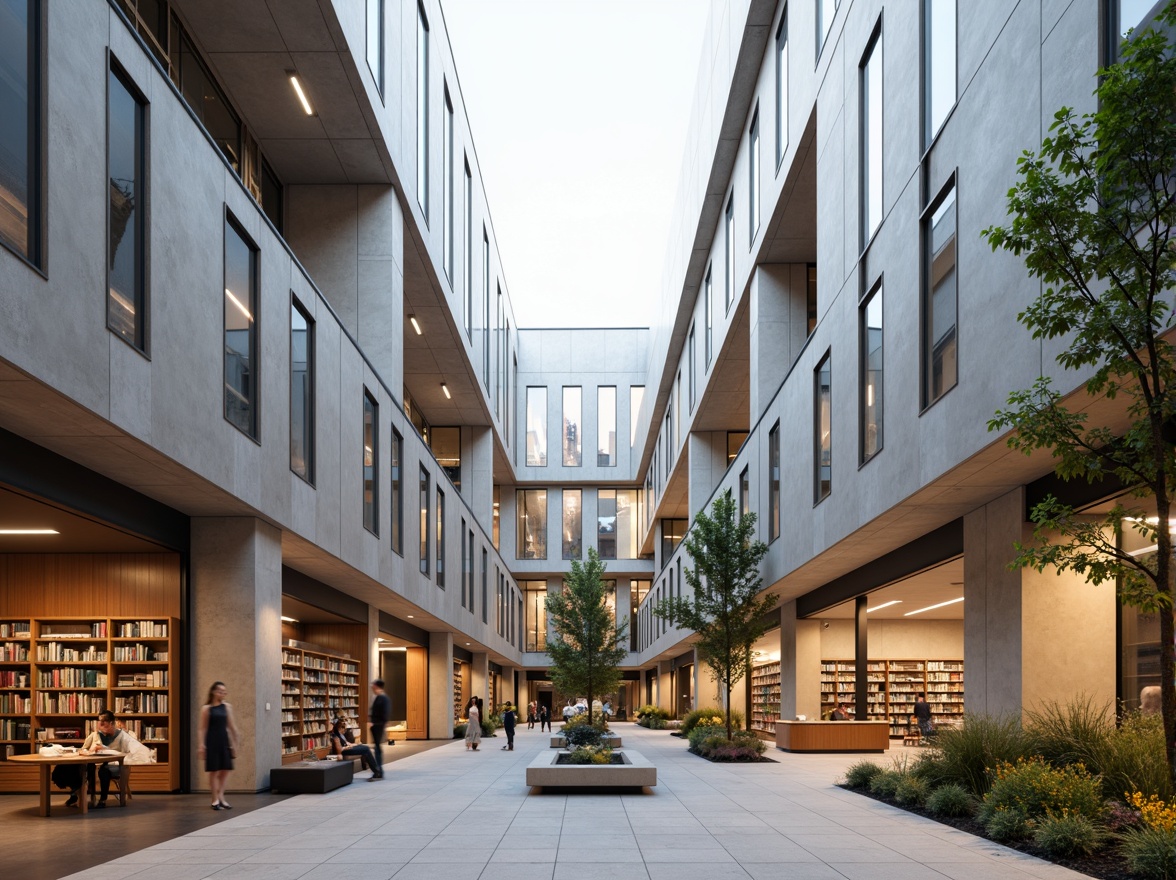 Prompt: Geometric building facades, international style library, minimalist aesthetic, rectangular forms, clean lines, neutral color palette, glass curtain walls, steel frames, cantilevered roofs, open floor plans, natural light pouring in, cozy reading nooks, wooden shelving systems, modern furniture designs, subtle texture contrasts, calm atmosphere, soft warm lighting, shallow depth of field, 1/1 composition, realistic materials, ambient occlusion.