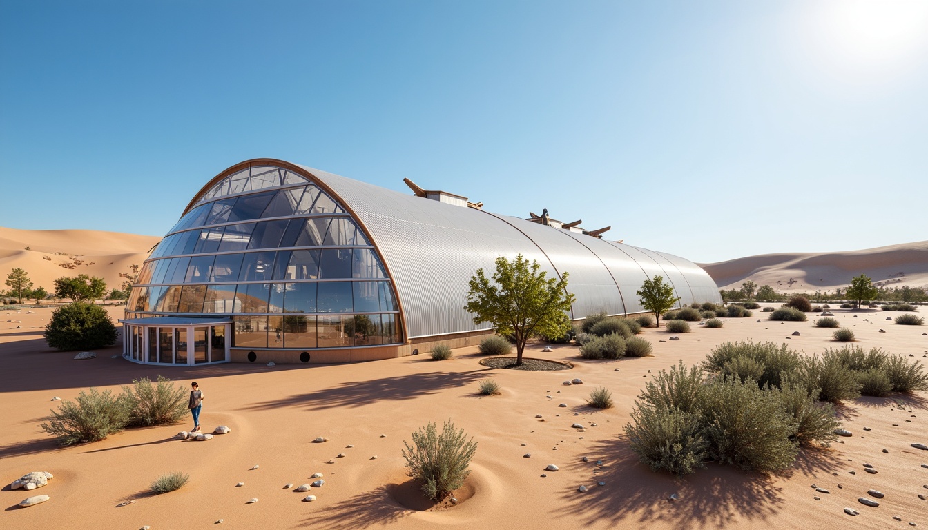 Prompt: Desert greenhouse, futuristic architecture, large dome shape, transparent glass walls, steel frame structure, advanced climate control system, high-efficiency ventilation, air filtration systems, misting cooling technology, evaporative cooling pads, shading devices, reflective roof coatings, insulated walls, automated windows, natural daylight harvesting, optimized humidity levels, warm sunny day, clear blue sky, sandy dunes, cactus plants, arid landscape.