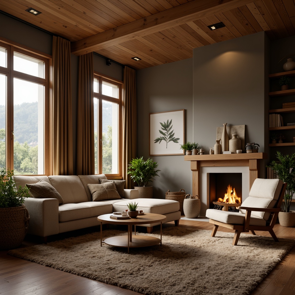 Prompt: Cozy living room, plush furniture, warm lighting, textured rugs, natural wood accents, earthy color palette, inviting fireplace, comfortable seating areas, decorative plants, soft background music, calm atmosphere, shallow depth of field, 1/1 composition, warm color tones, realistic textures, ambient occlusion.