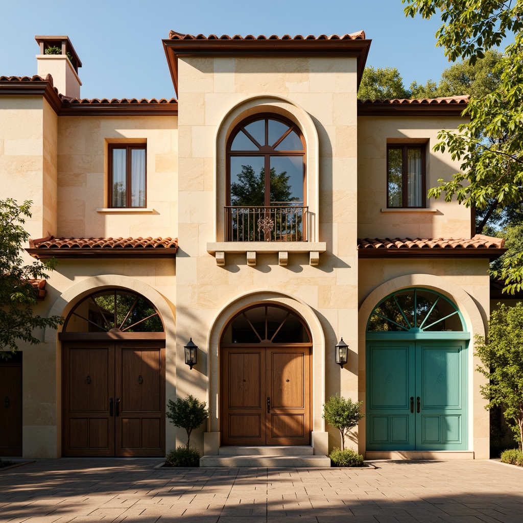 Prompt: Warm beige stone walls, rustic terracotta roof tiles, earthy brown wooden doors, ornate ironwork details, vibrant turquoise accents, soft golden lighting, subtle shadowing, worn stone textures, classic arches, rounded columns, grand entranceways, symmetrical facade compositions, warm afternoon sunlight, gentle warm color tones, elegant ornateness, subtle weathered effects.