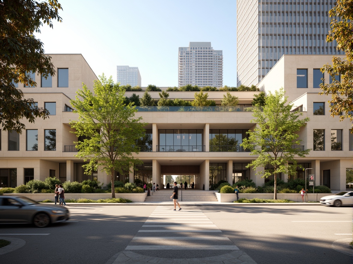 Prompt: Neutral-toned courthouse building, warm beige stone fa\u00e7ade, soft gray concrete walls, vibrant green roof gardens, modern minimalist architecture, large glass windows, natural wood accents, open public spaces, urban cityscape background, morning sunlight, soft shadows, shallow depth of field, 2/3 composition, realistic textures, ambient occlusion.