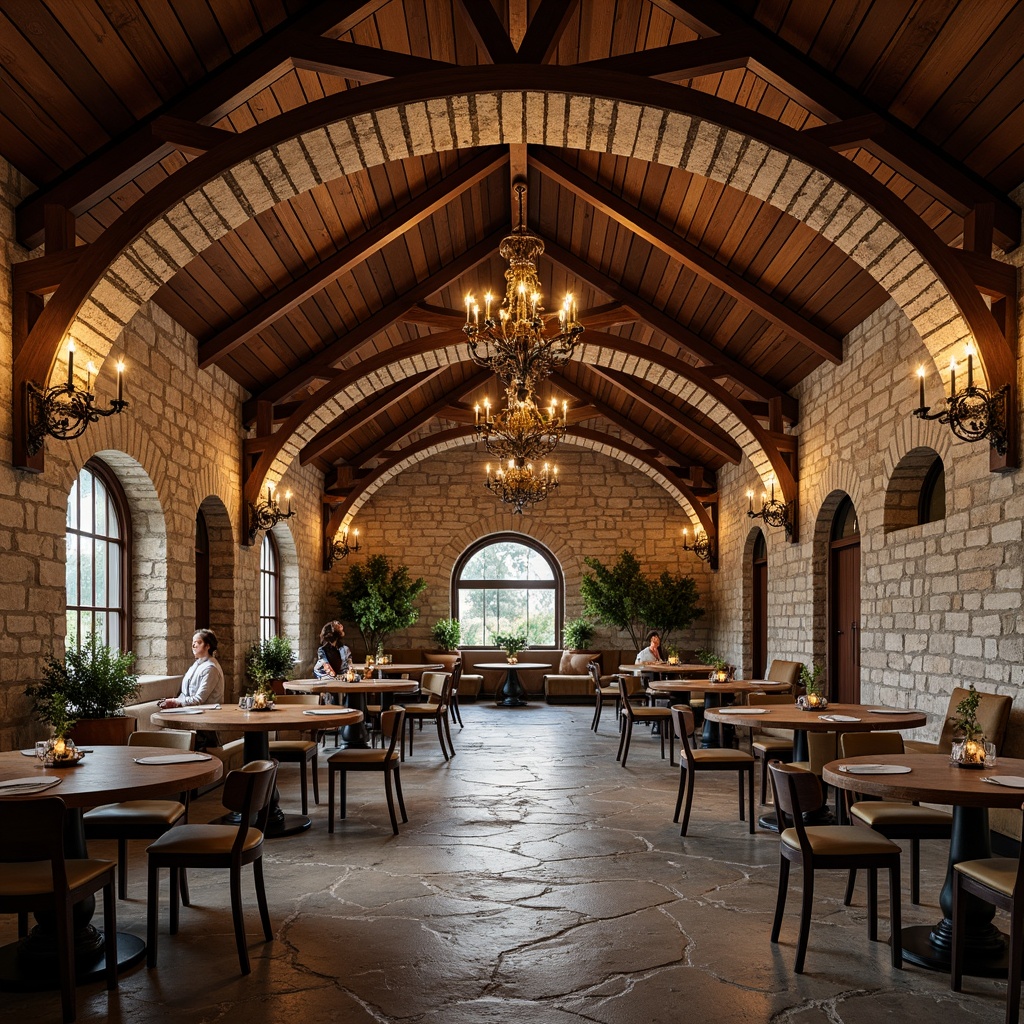 Prompt: Rustic dining hall, stone walls, brick arches, wooden beam ceilings, ornate columns, grand chandeliers, limestone flooring, earthy color palette, natural textures, rough-hewn stonework, medieval-inspired architecture, dramatic lighting, warm ambiance, cozy seating areas, communal tables, decorative metalwork, intricate carvings, ambient shadows, 1/1 composition, shallow depth of field, realistic render.