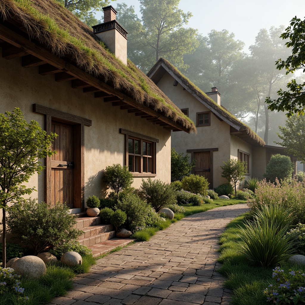 Prompt: Rustic rural cottages, natural stone walls, wooden accents, earthy tones, thatched roofs, reclaimed wood doors, worn brick floors, vintage metal hardware, distressed finishes, lush greenery, overgrown gardens, wildflower meadows, misty mornings, soft warm lighting, 1/1 composition, intimate framing, realistic textures, ambient occlusion.