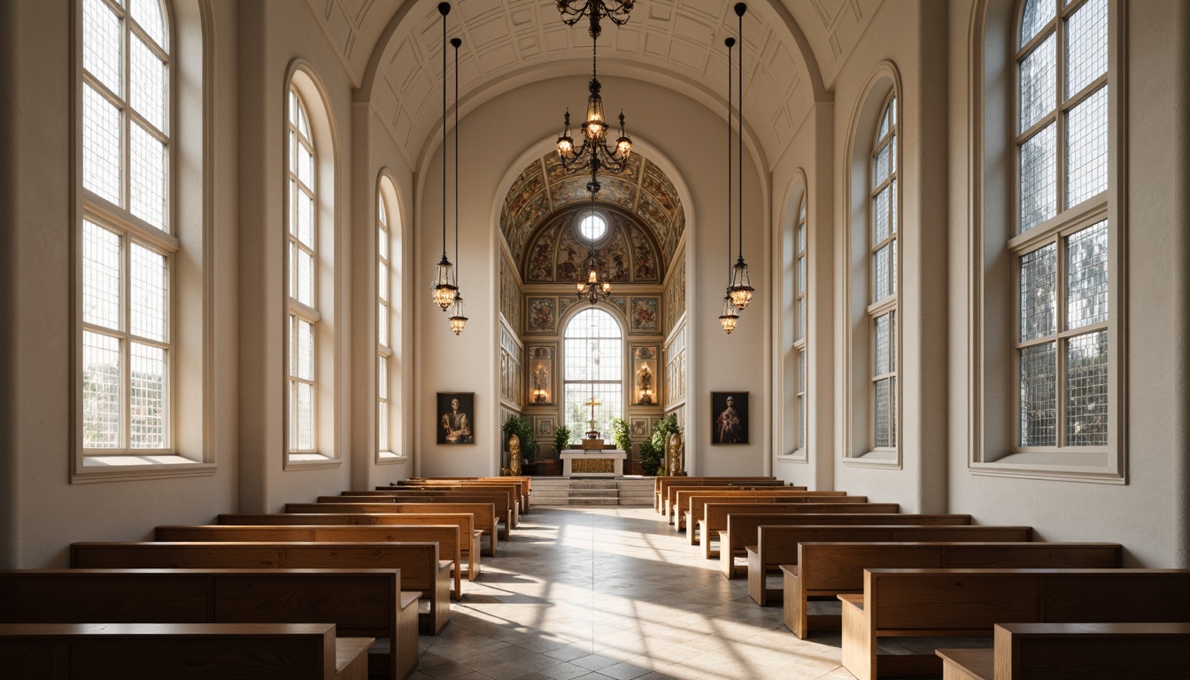 Prompt: Minimalist worship hall, high ceilings, natural stone flooring, wooden pews, stained glass windows, grand chandeliers, symmetrical architecture, neutral color palette, abstract geometric patterns, intricate mosaics, ornate altarpieces, subtle lighting, soft shadows, 1/1 composition, shallow depth of field, realistic textures, ambient occlusion.