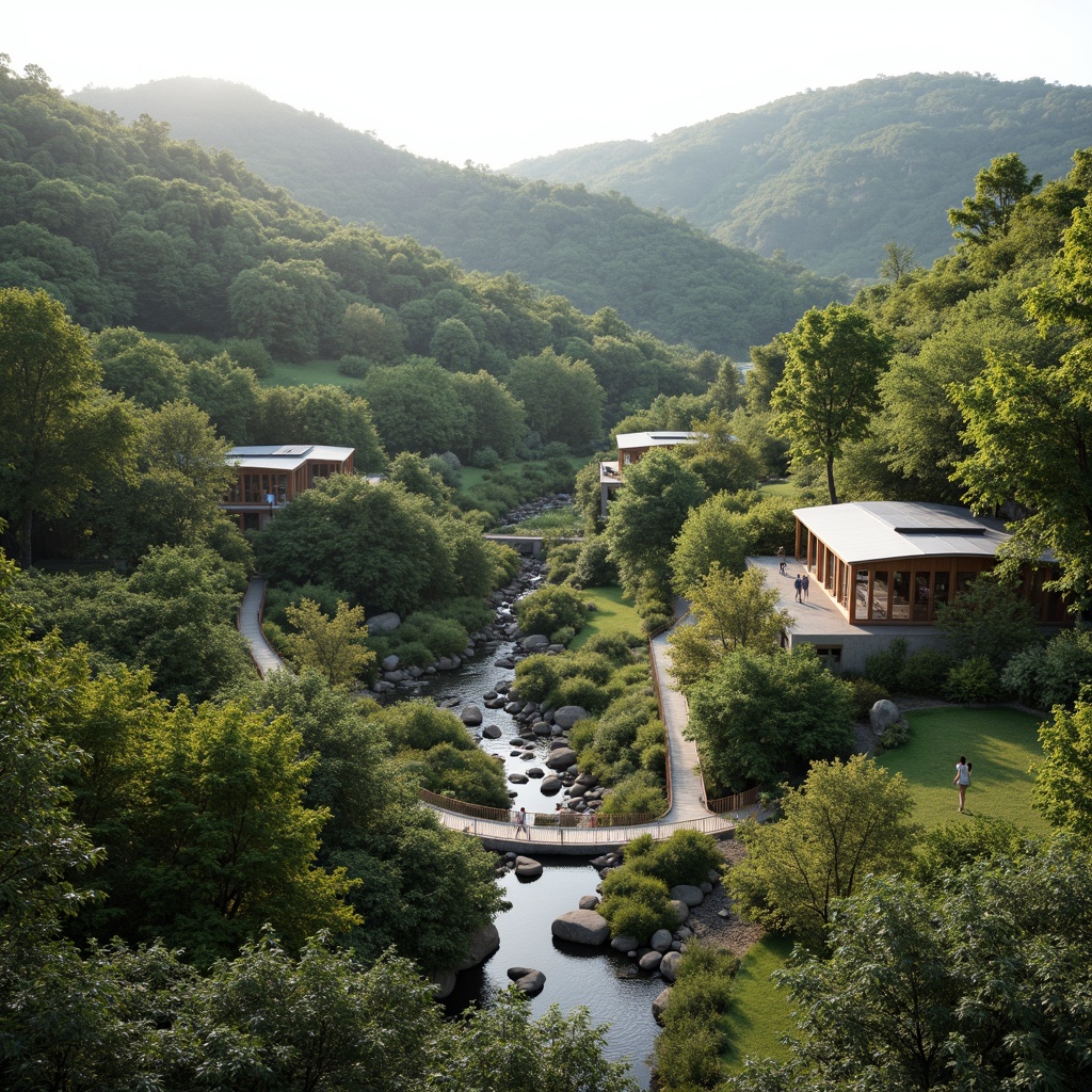 Prompt: Serene hillside, lush vegetation, meandering streams, natural rock formations, wooden bridges, eco-friendly buildings, green roofs, solar panels, large windows, minimalist design, organic curves, harmonious colors, soft warm lighting, shallow depth of field, 3/4 composition, panoramic view, realistic textures, ambient occlusion.