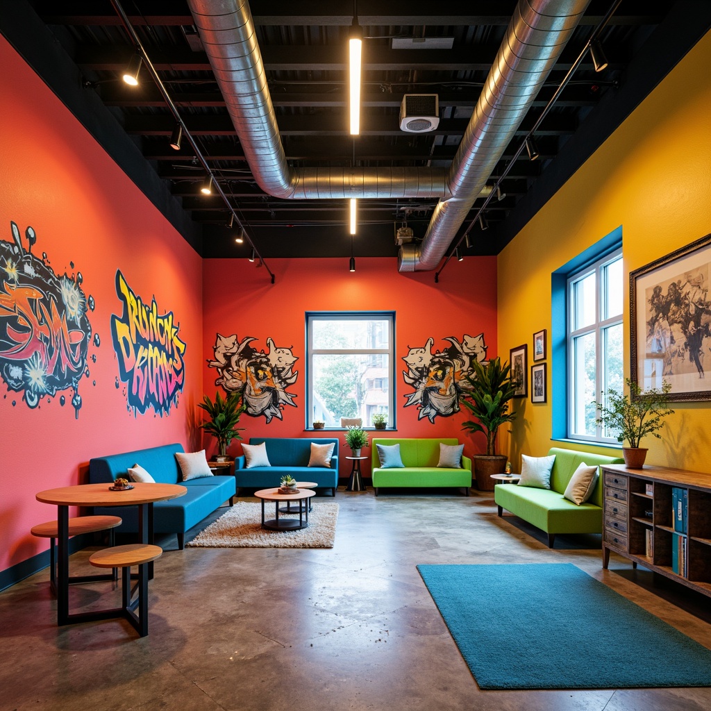 Prompt: Vibrant youth center, bold color scheme, bright coral walls, electric blue accents, neon green furniture, graffiti-inspired murals, urban industrial architecture, exposed ductwork, polished concrete floors, metal beams, eclectic decor, mismatched patterns, distressed textures, warm LED lighting, dramatic shadows, 1/1 composition, wide-angle lens, high-contrast image.