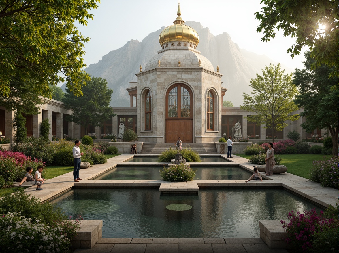 Prompt: Sacred temple, lush greenery, serene water features, natural stone walls, intricately carved wooden doors, stained glass windows, ornate golden domes, peaceful courtyards, spiritual statues, vibrant flower arrangements, misty morning atmosphere, soft warm lighting, shallow depth of field, 1/2 composition, panoramic view, realistic textures, ambient occlusion.