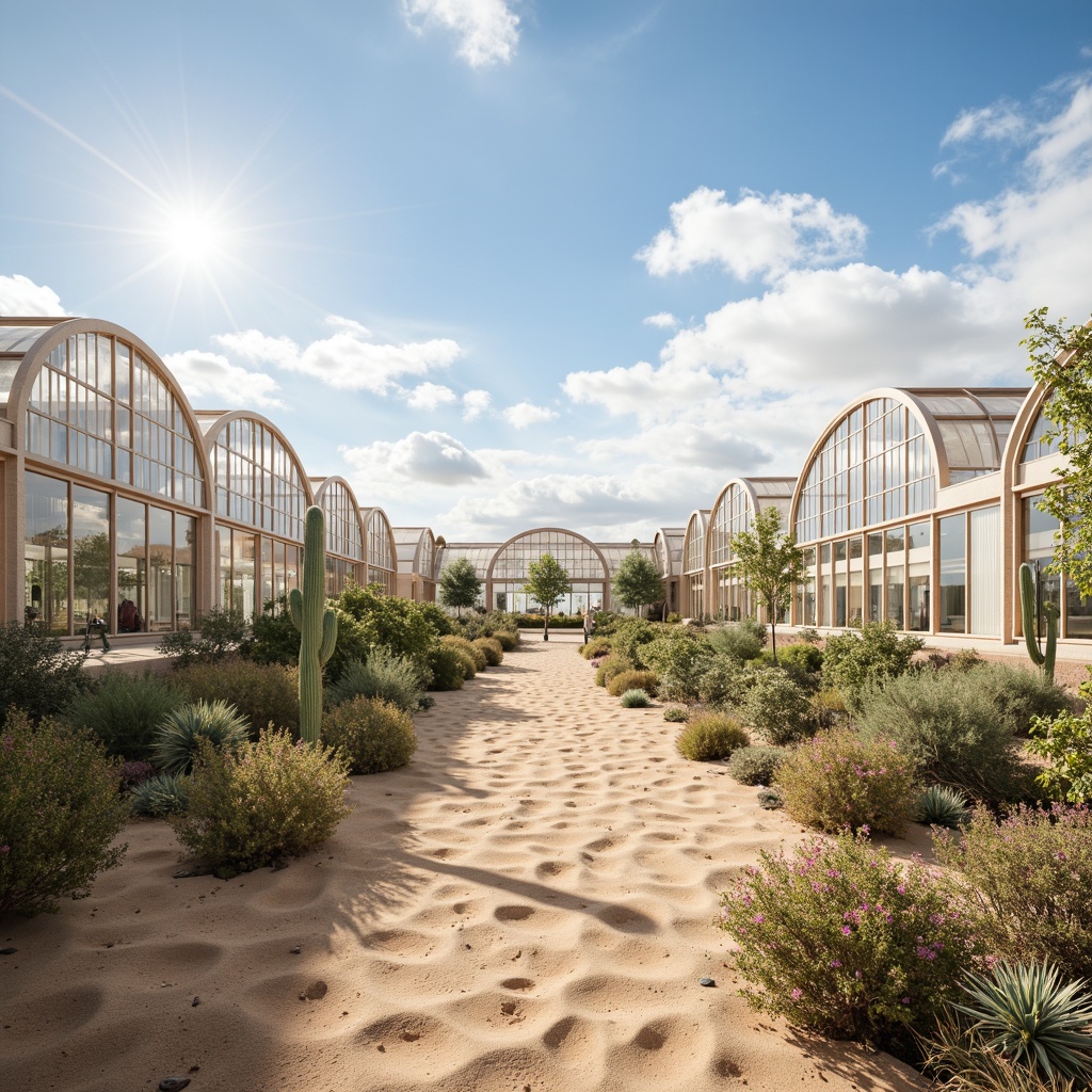 Prompt: Desert greenhouse, arid climate, intense sunlight, high temperature, humidity control, advanced ventilation systems, evaporative cooling, misting systems, shading devices, reflective coatings, thermal mass, insulated walls, double-glazed windows, automatic vent openers, climate-controlled environment, optimal growing conditions, healthy plant growth, reduced water consumption, sustainable agriculture, innovative irrigation systems, fog collectors, desert-inspired architecture, curvaceous lines, sandy dunes, cactus plants, vast open space.