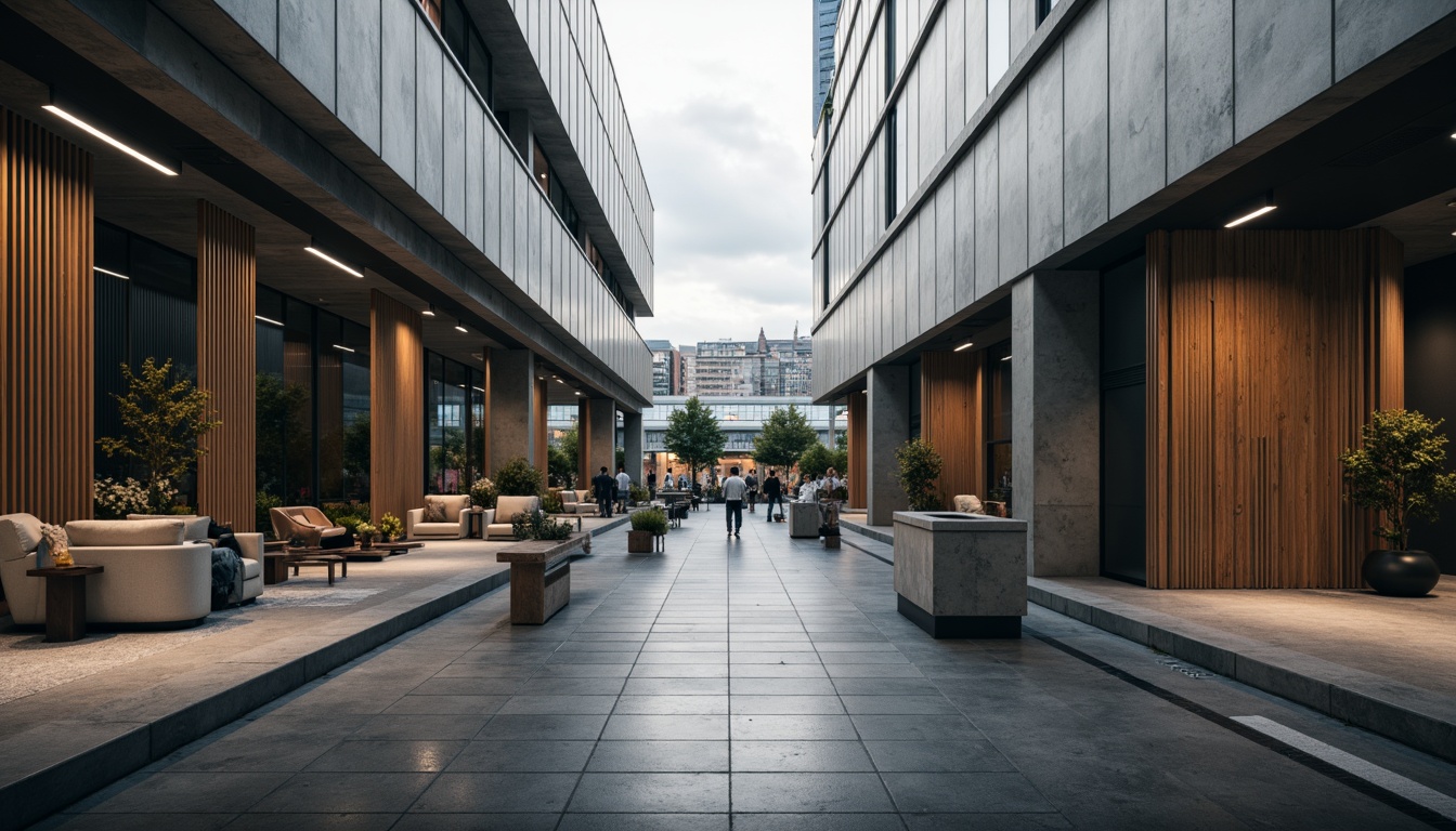 Prompt: Polished concrete walls, metallic surfaces, glass facades, wooden accents, industrial pipes, exposed ductwork, minimalist decor, sleek lines, rectangular forms, monochromatic color schemes, brutalist structures, raw unfinished materials, urban cityscape, cloudy skies, dramatic shadows, high contrast lighting, shallow depth of field, 2/3 composition, wide-angle lens, cinematic atmosphere, realistic reflections.