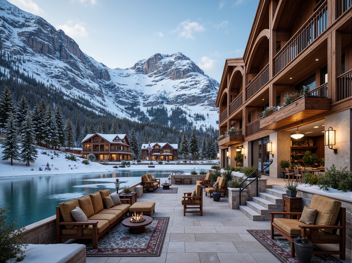 Prompt: Grandiose ski resort, snow-capped mountains, frozen lakes, luxurious amenities, ornate wooden chalets, intricately carved balconies, golden accents, lavish chandeliers, rich velvet fabrics, regal furnishings, grand staircases, sweeping archways, dramatic vaulted ceilings, sparkling crystal chandeliers, soft warm lighting, warm fireplaces, rustic stone walls, heavy wooden beams, intricate stucco designs, opulent marble floors, majestic mountain vistas, panoramic views, cinematic composition, high dynamic range, realistic snow textures.