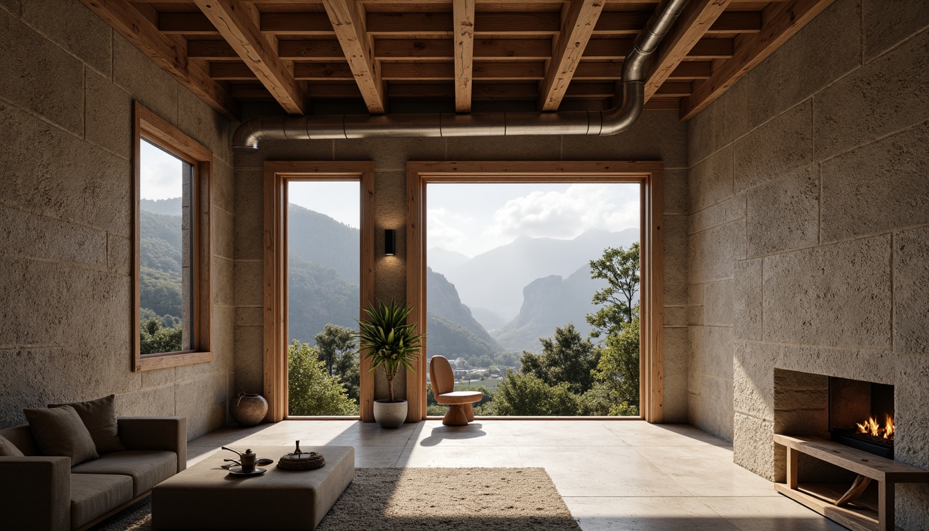 Prompt: Rough-hewn stone walls, raw concrete textures, wooden accents, natural light pouring in, industrial metal frames, exposed ductwork, minimalist decor, earthy color palette, rugged landscape surroundings, misty atmospheric conditions, warm soft lighting, shallow depth of field, 1/1 composition, realistic material rendering, ambient occlusion.