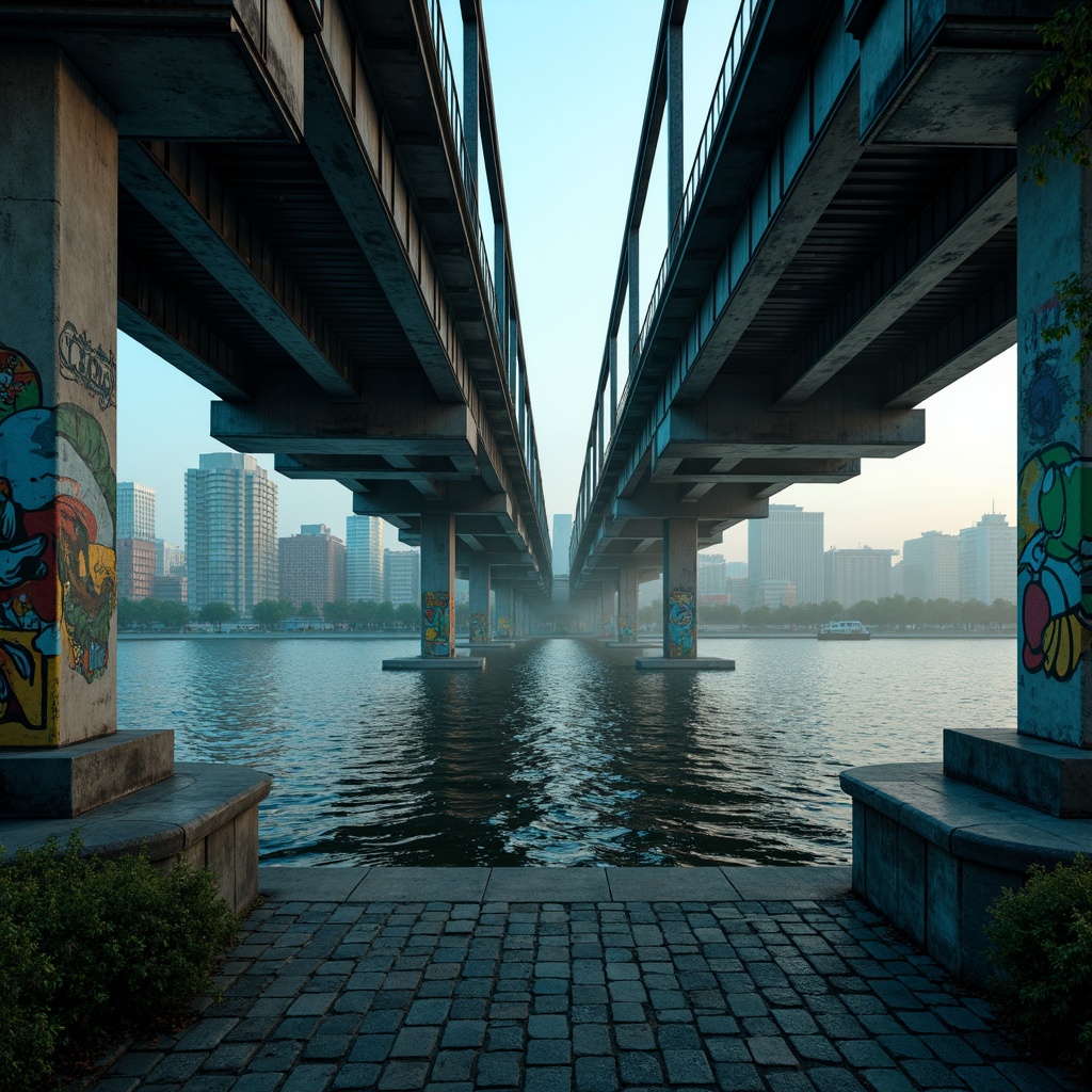 Prompt: \Moody bridge architecture, dark cyan accents, steel beams, industrial materials, urban waterfront setting, misty morning atmosphere, soft mist lighting, shallow depth of field, 1/1 composition, symmetrical framing, realistic metallic textures, ambient occlusion, rippling water reflections, cityscape backdrop, modern urban planning, pedestrian walkways, cycling paths, vibrant street art, eclectic urban furniture.\Let me know if this meets your requirements!