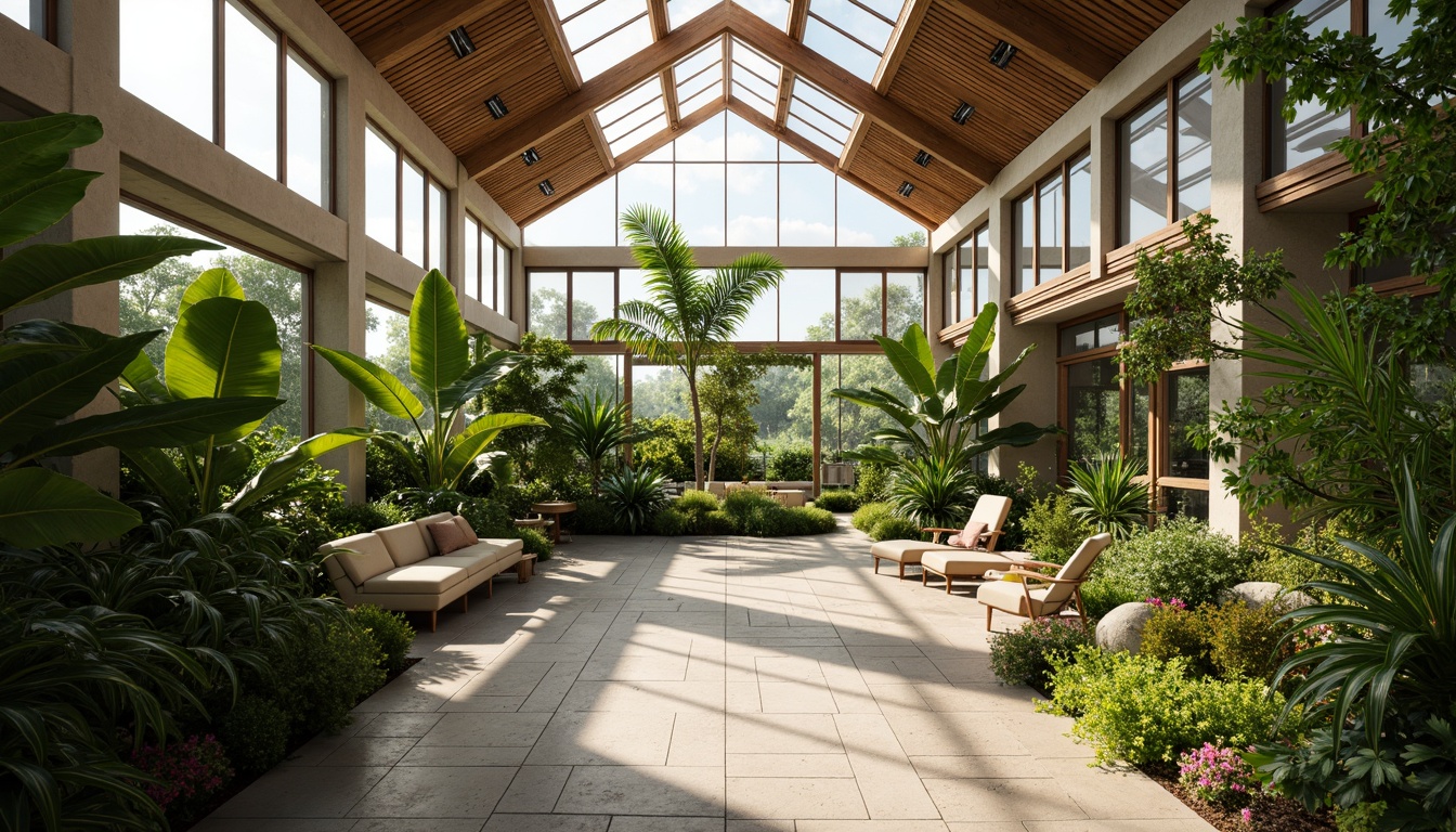 Prompt: Serene greenhouse interior, lush tropical plants, natural stone flooring, wooden trellises, modern minimalist architecture, large glass windows, automated irrigation systems, misting humidifiers, warm soft lighting, shallow depth of field, 3/4 composition, realistic plant textures, ambient occlusion, integrated seating areas, reclaimed wood accents, living walls, vertical gardens, hydroponic systems, sustainable energy solutions, solar panels, rainwater harvesting systems, natural ventilation systems, panoramic views, vibrant colorful blooms.