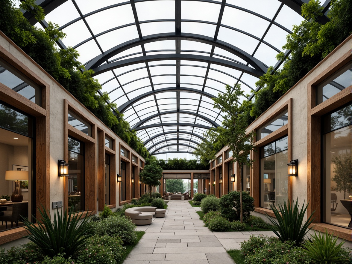 Prompt: Curved glass roofs, lush greenery, natural ventilation, steel frames, wooden beams, transparent facades, minimalist design, industrial chic aesthetic, reclaimed wood accents, earthy color palette, organic forms, geometric patterns, diffused soft lighting, warm cozy ambiance, 3/4 composition, shallow depth of field, panoramic view, realistic textures, ambient occlusion.