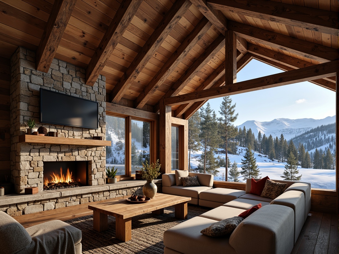 Prompt: Rustic ski lodge, wooden beams, natural stone walls, earthy tones, reclaimed wood accents, cozy fireplaces, plush furnishings, snow-capped mountains, frozen lakes, evergreen trees, powdery snow, crisp winter air, warm lighting, shallow depth of field, 1/2 composition, realistic textures, ambient occlusion.