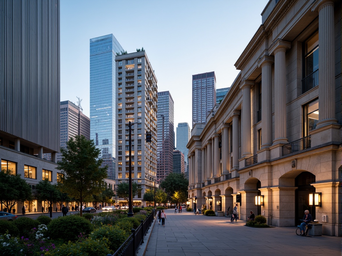 Prompt: Grand neoclassical buildings, ornate facades, Corinthian columns, rusticated stone walls, symmetrical compositions, urban cityscape, bustling streets, modern skyscrapers, vibrant streetlights, evening atmospheric lighting, shallow depth of field, 1/2 composition, realistic textures, ambient occlusion, historic preservation, cultural heritage, revitalized waterfront, pedestrian-friendly sidewalks, lush greenery, blooming flowers, sunny day, soft warm lighting.