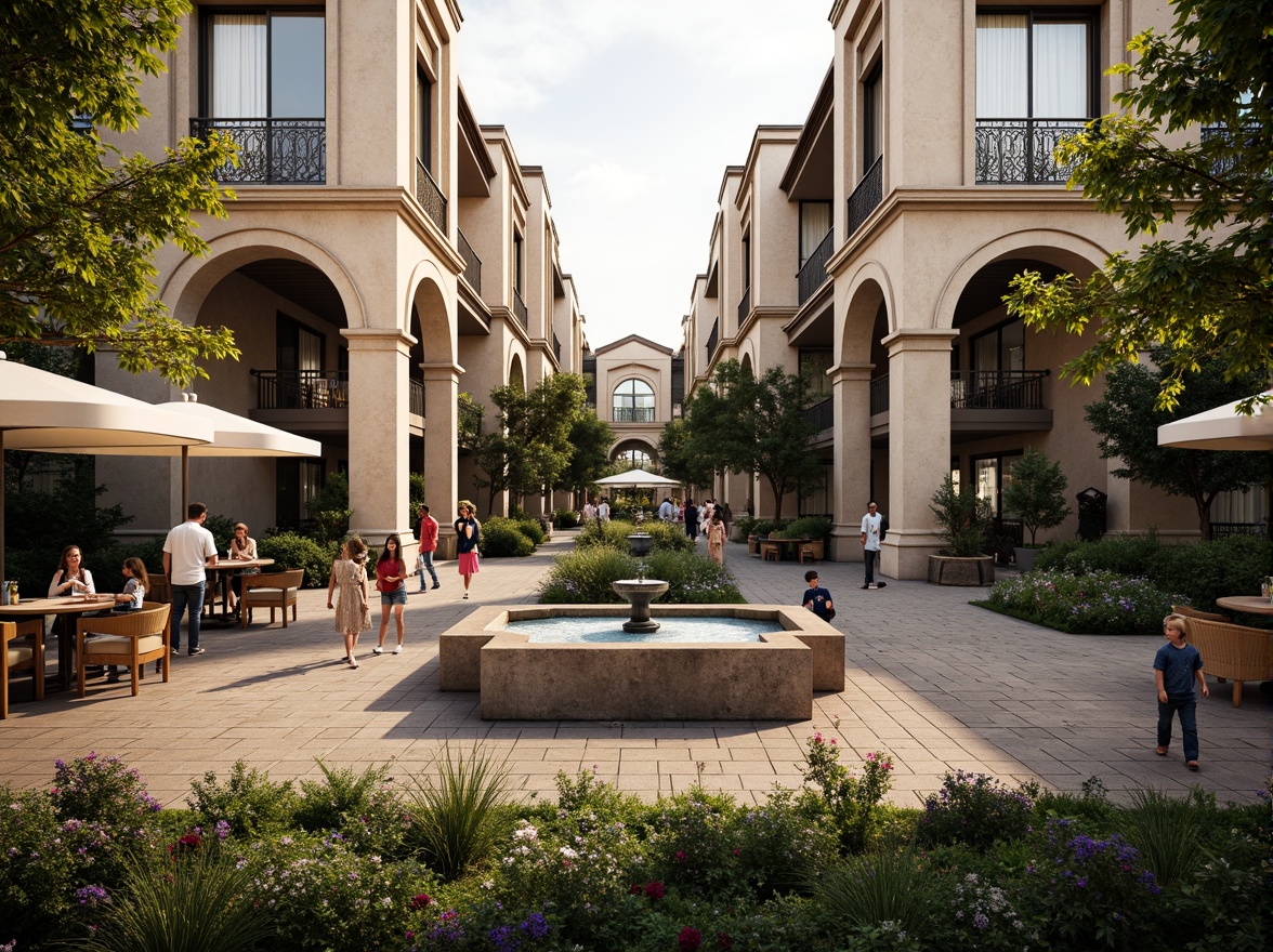 Prompt: Elegant market square, ornate fountains, lush greenery, vibrant flowers, neoclassical facade design, grand arches, ionic columns, intricately carved stonework, ornamental metalwork, decorative balconies, richly textured stone walls, subtle warm lighting, soft focus effect, 1/1 composition, symmetrical framing, realistic architectural details, ambient occlusion.