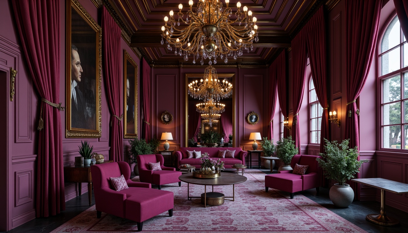 Prompt: Rich plum accents, deep burgundy walls, luxurious velvet fabrics, ornate golden frames, soft warm lighting, mysterious dark wood tones, elegant crystal chandeliers, sophisticated marble floors, lavish purple drapes, intricate lace patterns, whimsical floral arrangements, romantic candlelit ambiance, dramatic high ceilings, opulent furnishings, Baroque-inspired architectural details.