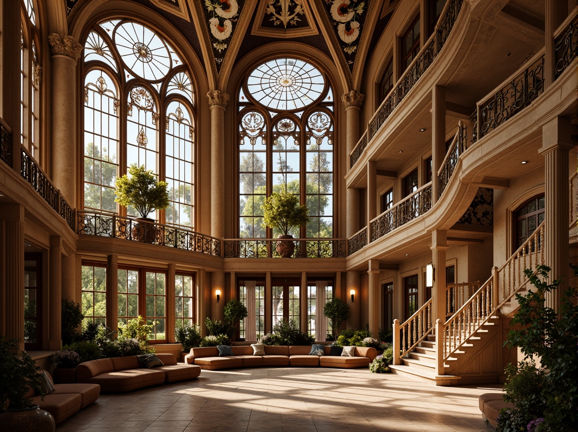 Prompt: \Ornate art nouveau building, flowing organic lines, sinuous curves, stained glass windows, ornamental ironwork, grand staircase, marble floors, lavish furnishings, plush velvet drapes, intricate mosaics, natural stone walls, warm golden lighting, shallow depth of field, 1/1 composition, symmetrical view, realistic textures, ambient occlusion.\