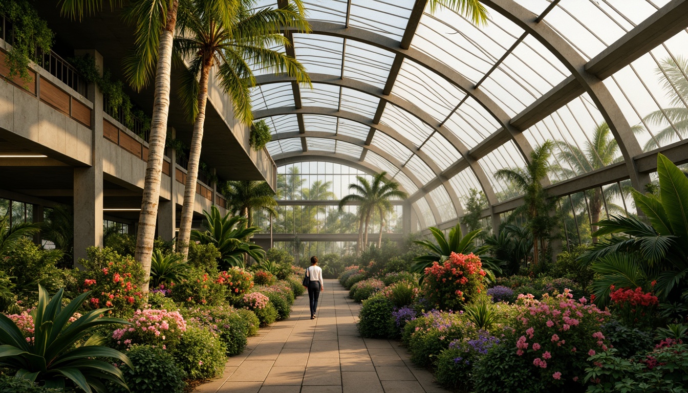 Prompt: Vibrant tropical greenhouse, lush greenery, exotic flowers, warm natural light, misty atmosphere, humidity control systems, curved glass roofs, steel frames, modern minimalist architecture, earthy tones, soft pastel hues, monochromatic color scheme, bold accent walls, nature-inspired textures, ambient occlusion, shallow depth of field, 3/4 composition, realistic renderings.