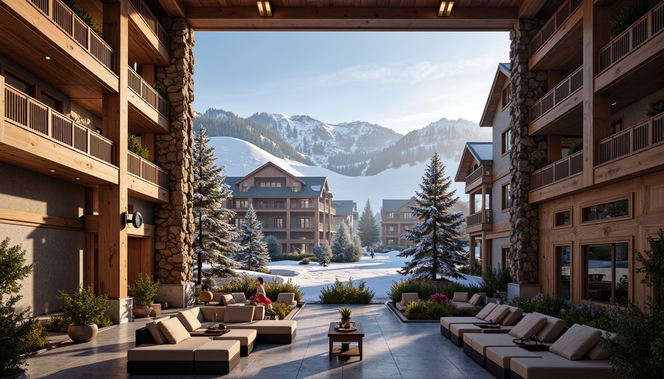 Prompt: Grandiose ski resort, ornate wooden chalets, intricate carvings, gilded accents, lavish chandeliers, opulent furnishings, velvet drapes, marble fireplaces, majestic stone columns, sweeping staircases, grand atriums, snow-capped mountains, frosty pine trees, icy lakes, misty morning fog, warm golden lighting, dramatic shadows, 1/1 composition, symmetrical framing, realistic snow textures, ambient occlusion.