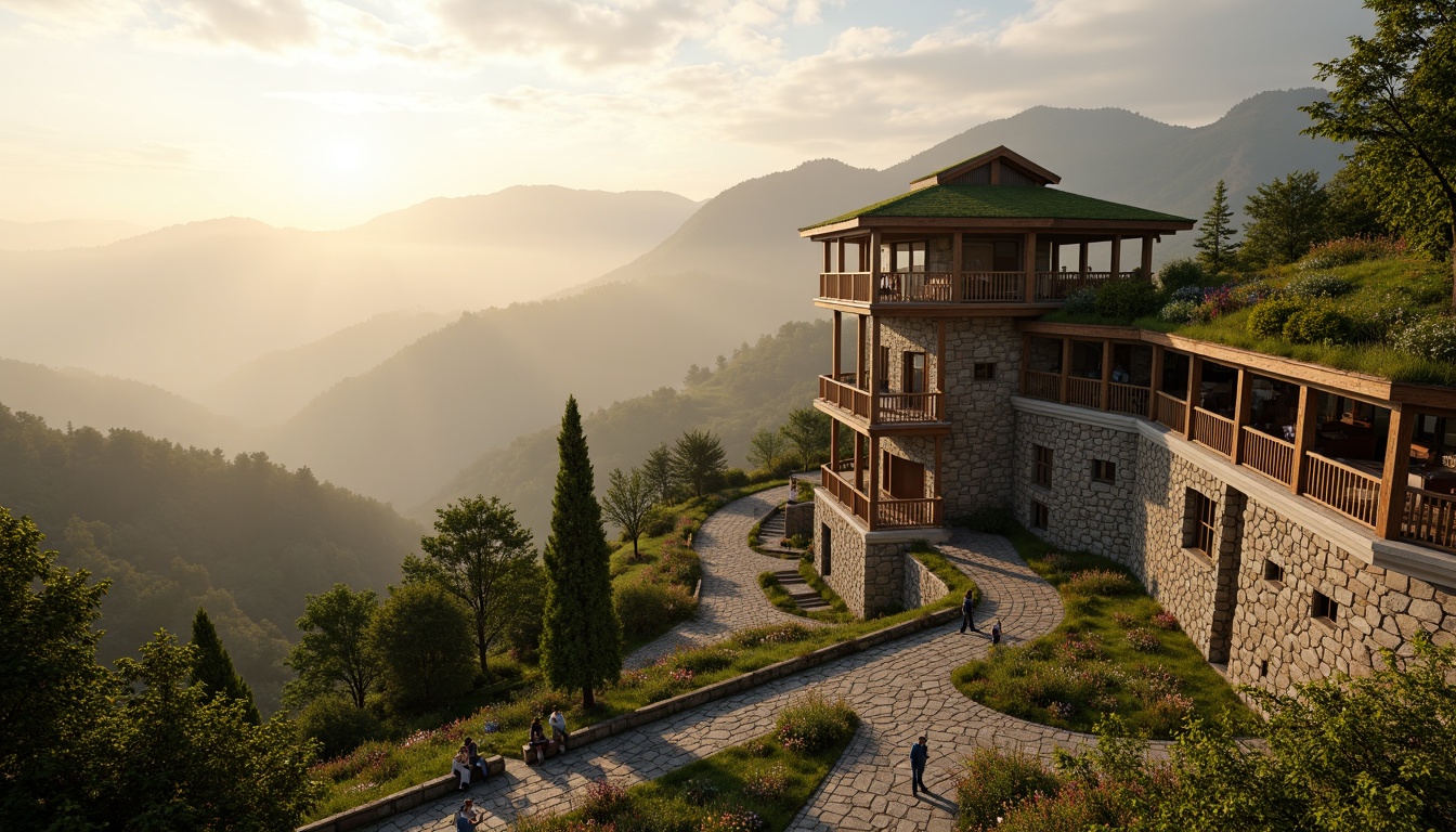 Prompt: Panoramic watchtower, rustic stone walls, wooden observation decks, lush green roofs, blooming wildflowers, serene mountainous landscape, misty morning fog, warm golden lighting, shallow depth of field, 3/4 composition, realistic textures, ambient occlusion, harmonious integration with surroundings, organic architecture, natural materials, earthy color palette, meandering stone pathways, scenic overlooks, telescopes, binoculars, wooden benches, informational signs, wildlife observation areas.